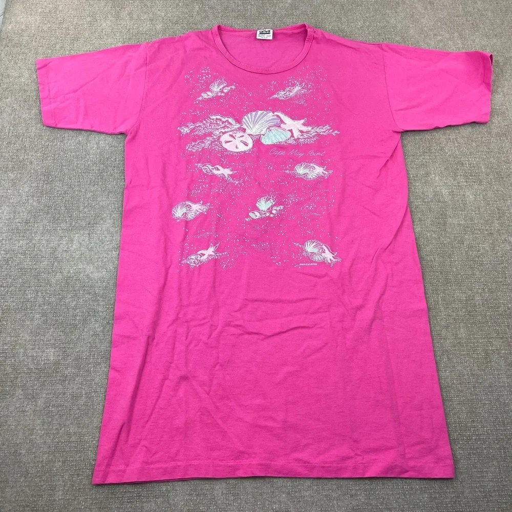 Woman's Sleep Shirt One Size Pink Seashell Starfish Beach Single Stitch USA Made
